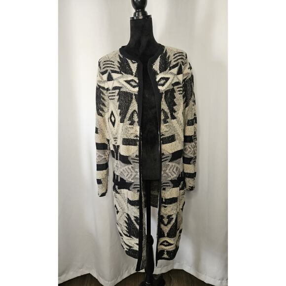 Lucky Brand Open Front Cardigan Womens 1X Black Tan Aztec Print Knit Sweater - Picture 1 of 7